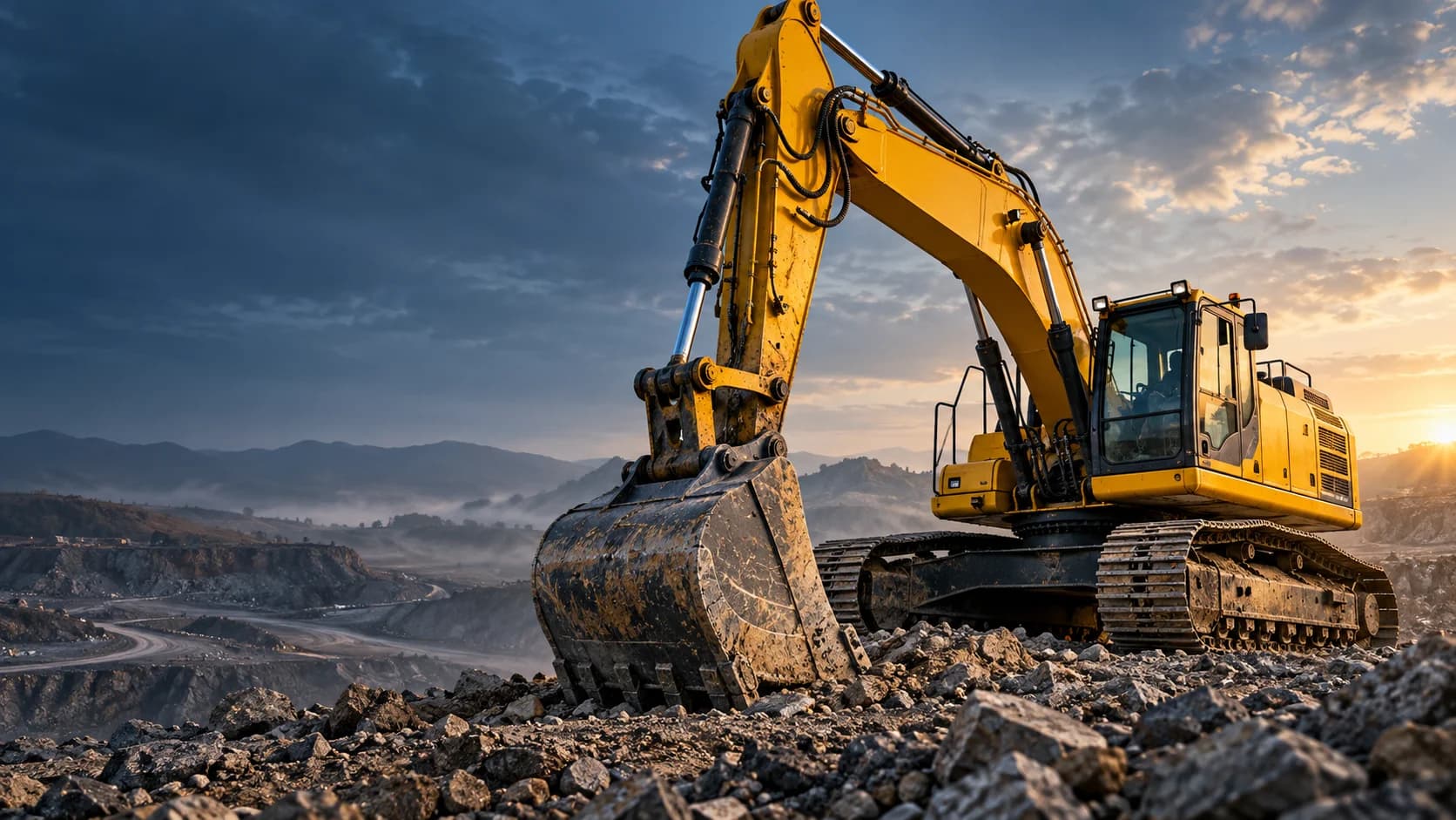 Yellow tracked excavator on a rocky earthmoving site